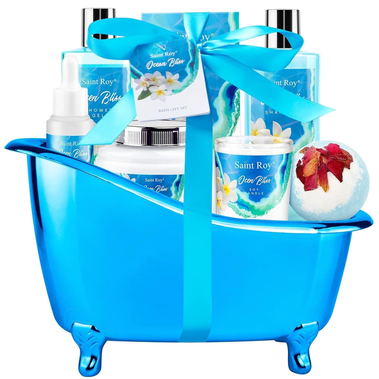 Birthday Gifts for Women, Luxury Home Spa Kit, 8Pcs Bath Gift Set Ocean & Vanilla, Gift Baskets for Women Unique with Bath Bombs, Sea Salt, Scented Candle, Body Lotion
