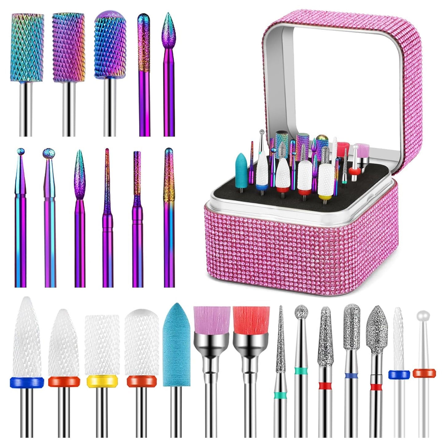 25Pcs Nail Drill Bits Set with Storage Box, 3/32 Inch Tungsten Ceramic Diamond Carbide Nail Drill Bits for Acrylic Nails Gel Polish, Cuticle Efile Remover Bits for Manicure Pedicure