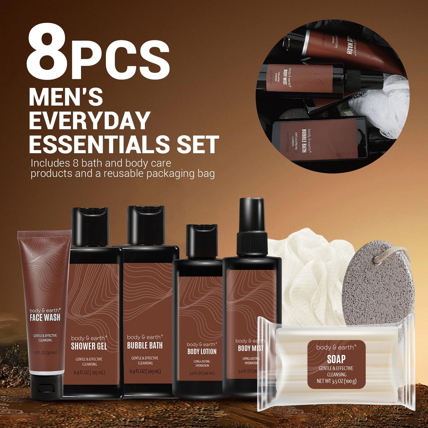 Gift Baskets for Men  Bath Set 8PC Mens Gift Set Birthday Gifts for Men Sandalwood Bath and Body Gift Set, Self Care for Men, Husband Men Christmas Gifts Christmas Gifts for Men