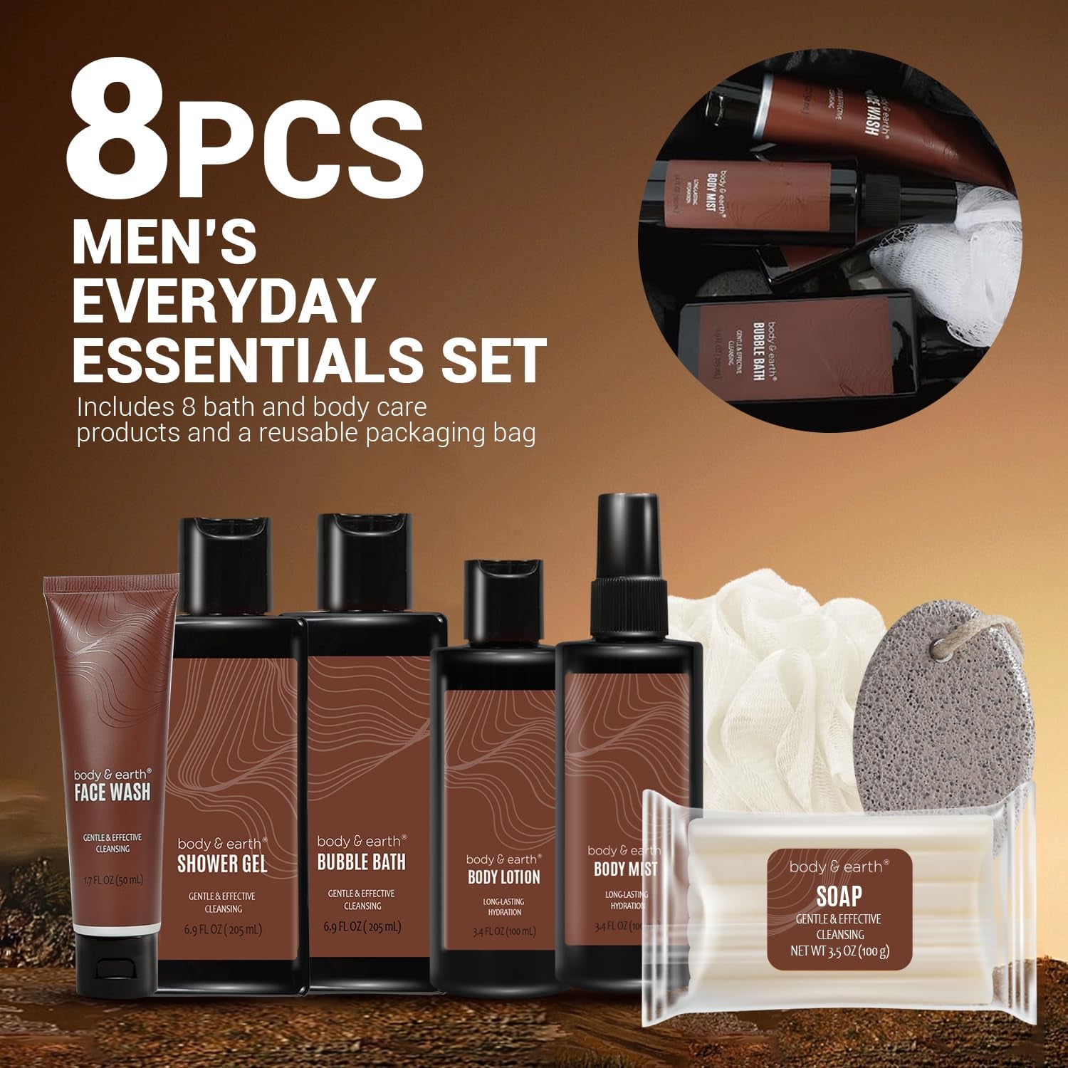 Gift Baskets for Men  Bath Set 8PC Mens Gift Set Birthday Gifts for Men Sandalwood Bath and Body Gift Set, Self Care for Men, Husband Men Christmas Gifts Christmas Gifts for Men