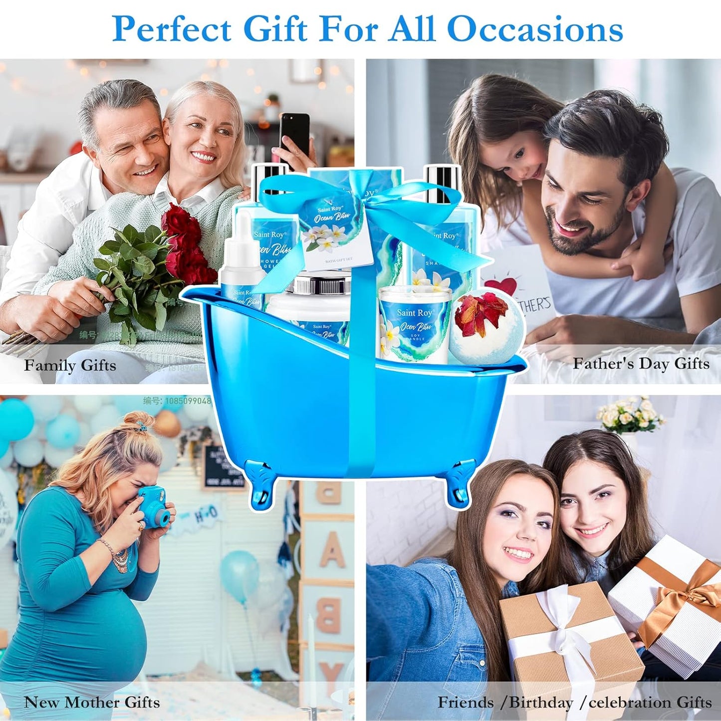 Birthday Gifts for Women, Luxury Home Spa Kit, 8Pcs Bath Gift Set Ocean & Vanilla, Gift Baskets for Women Unique with Bath Bombs, Sea Salt, Scented Candle, Body Lotion